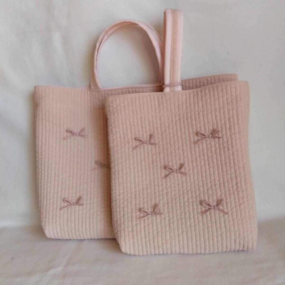 リボン刺繍☆レッスンバッグ 上履き入れ 2点セット☆ ヌビバッグ 入学