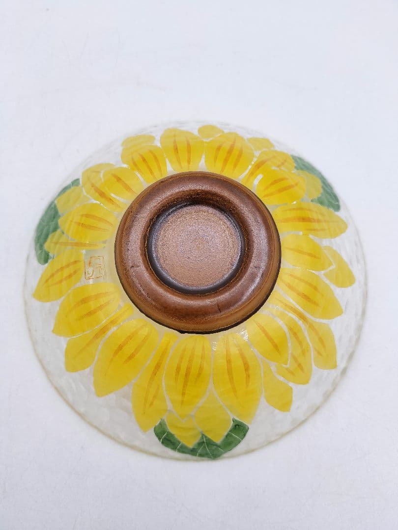 d123【新品・未使用】ガラス平茶碗 向日葵いっぱい 小手鞠釜 紙箱 茶道具