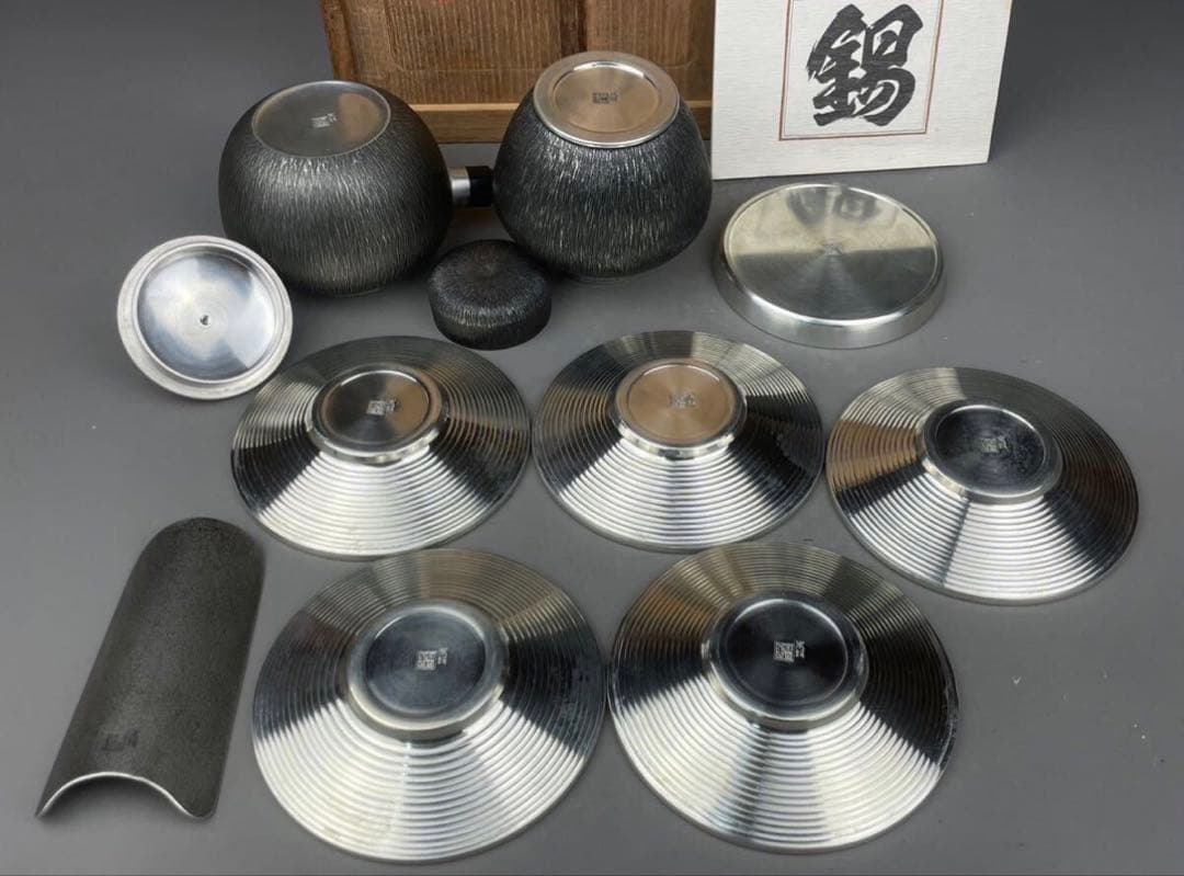 浪華 錫半造 本錫 嵯峨野 茶器一式 棚付 急須 茶托 茶匙 茶壷 茶瓶 共箱