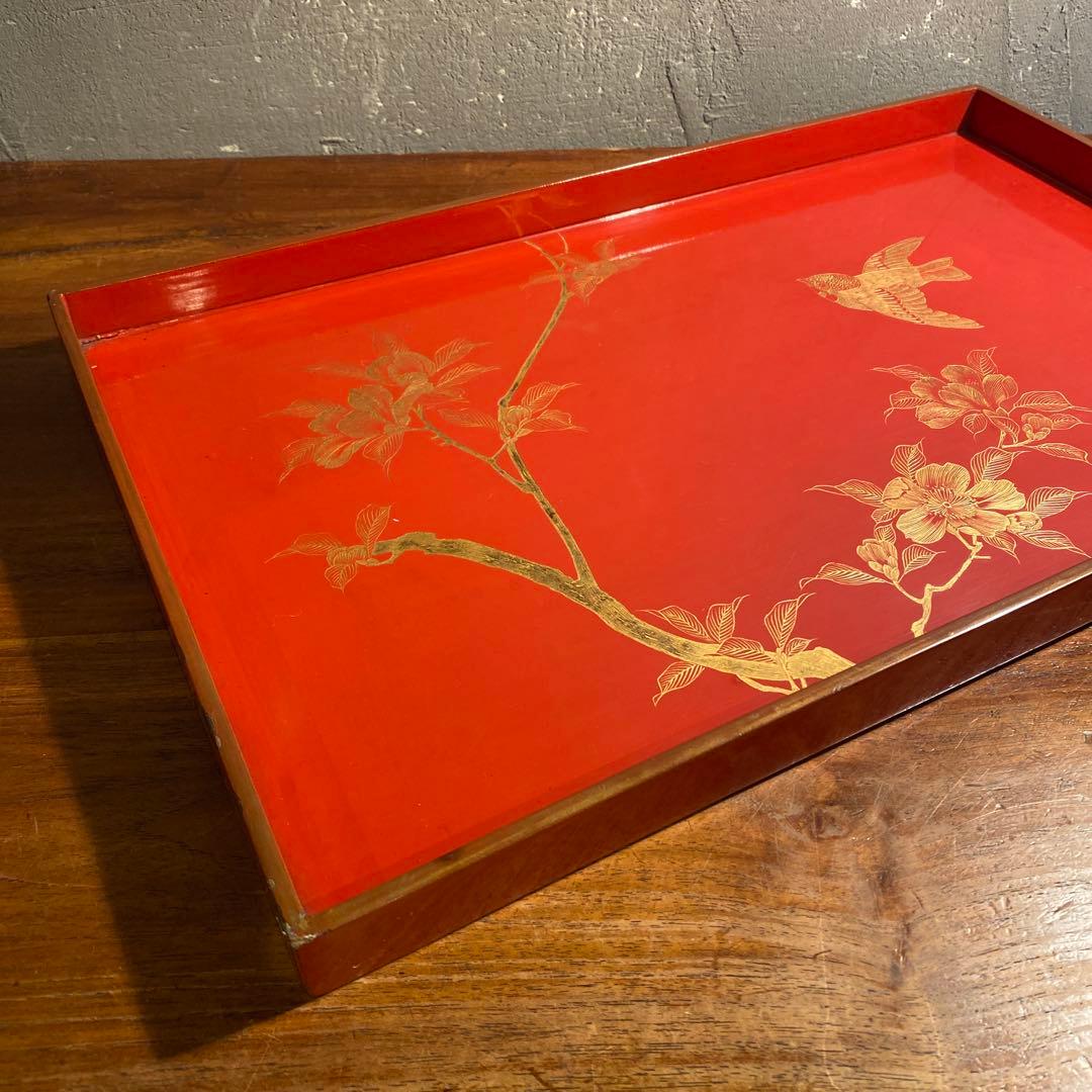 大正 蒔絵硯蓋 朱 花鳥文 輪島塗 骨董品 茶盆 アート 漆芸 盆