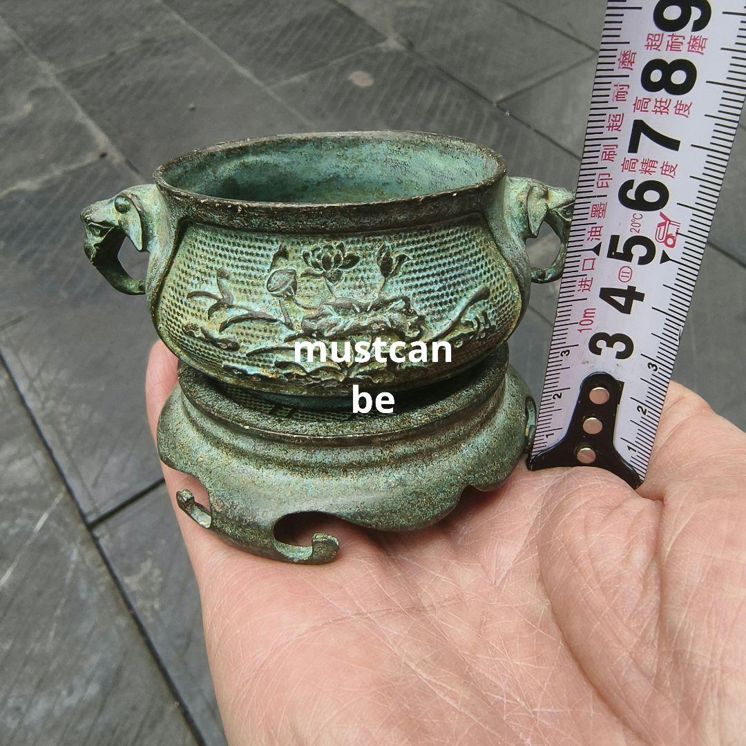 銅製 蓮華座双象蓮葉蓮華香炉 茶道薫香炉 挿し香炉 装飾品 工芸品 置物