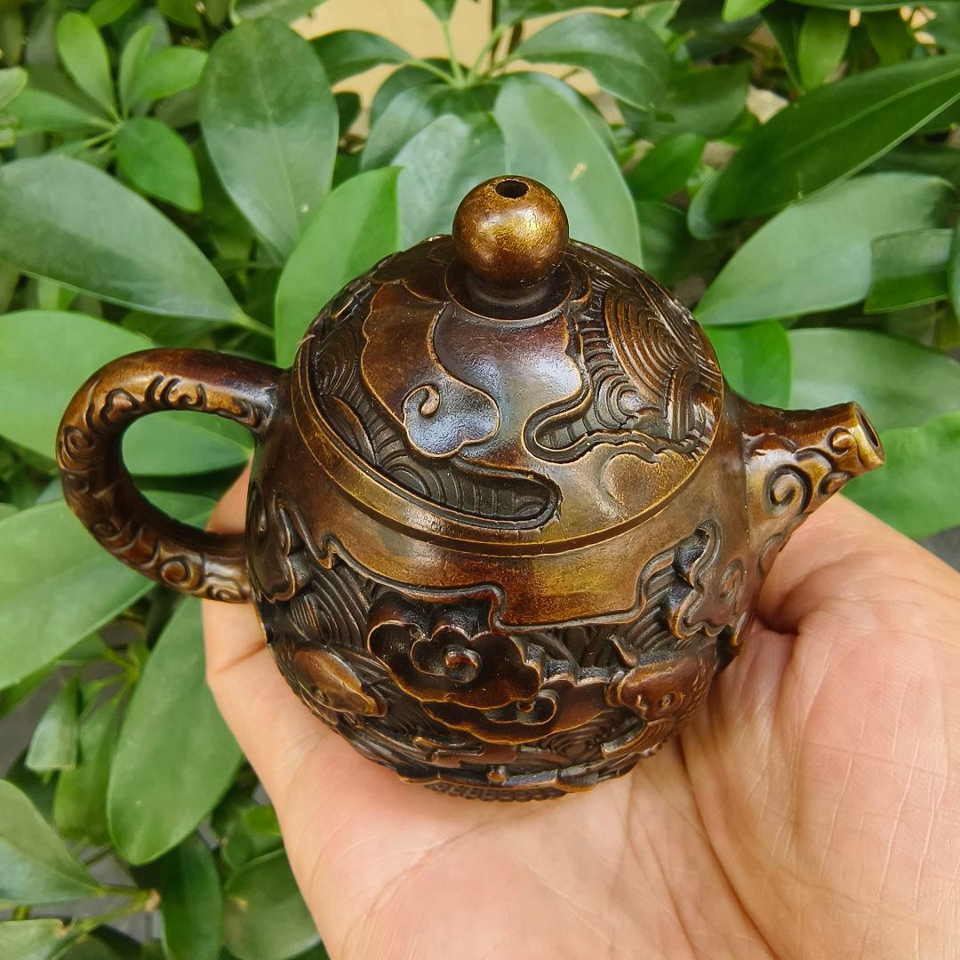 銅細工 浮彫鯉躍龍門茶壺 酒壺 装飾品 工芸品 美術品 置物