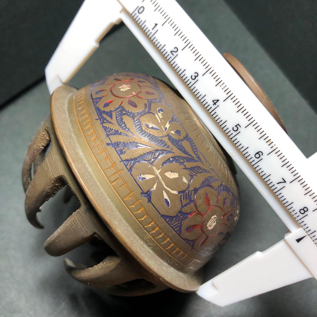 貴重古物　ネパール　真鍮手彫り花模様の金属製球体　呼び鈴　大音量