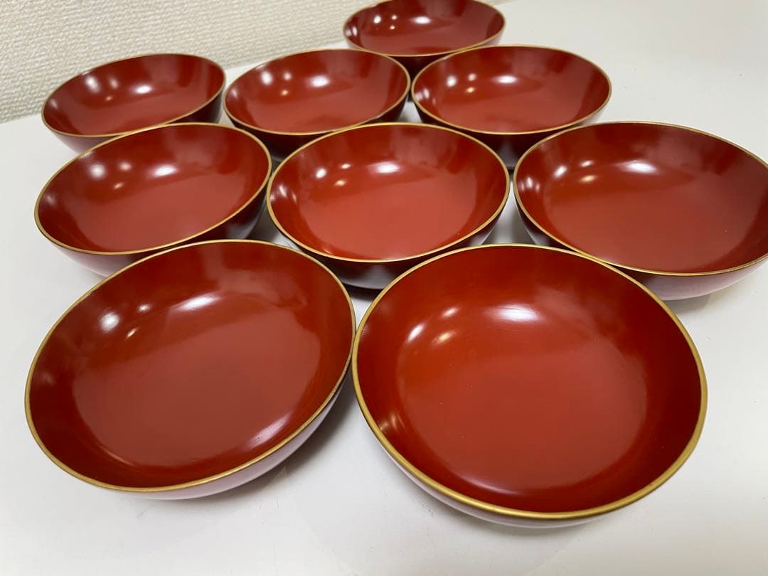 【現状品】漆器 輪島塗 金彩 朱塗 底黒塗 蓋付き椀 割烹 煮物椀 9個 ②