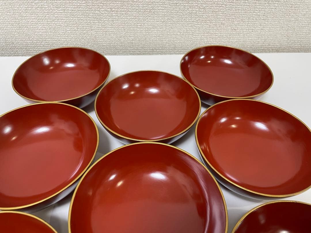 【現状品】漆器 輪島塗 金彩 朱塗 底黒塗 蓋付き椀 割烹 煮物椀 9個 ②