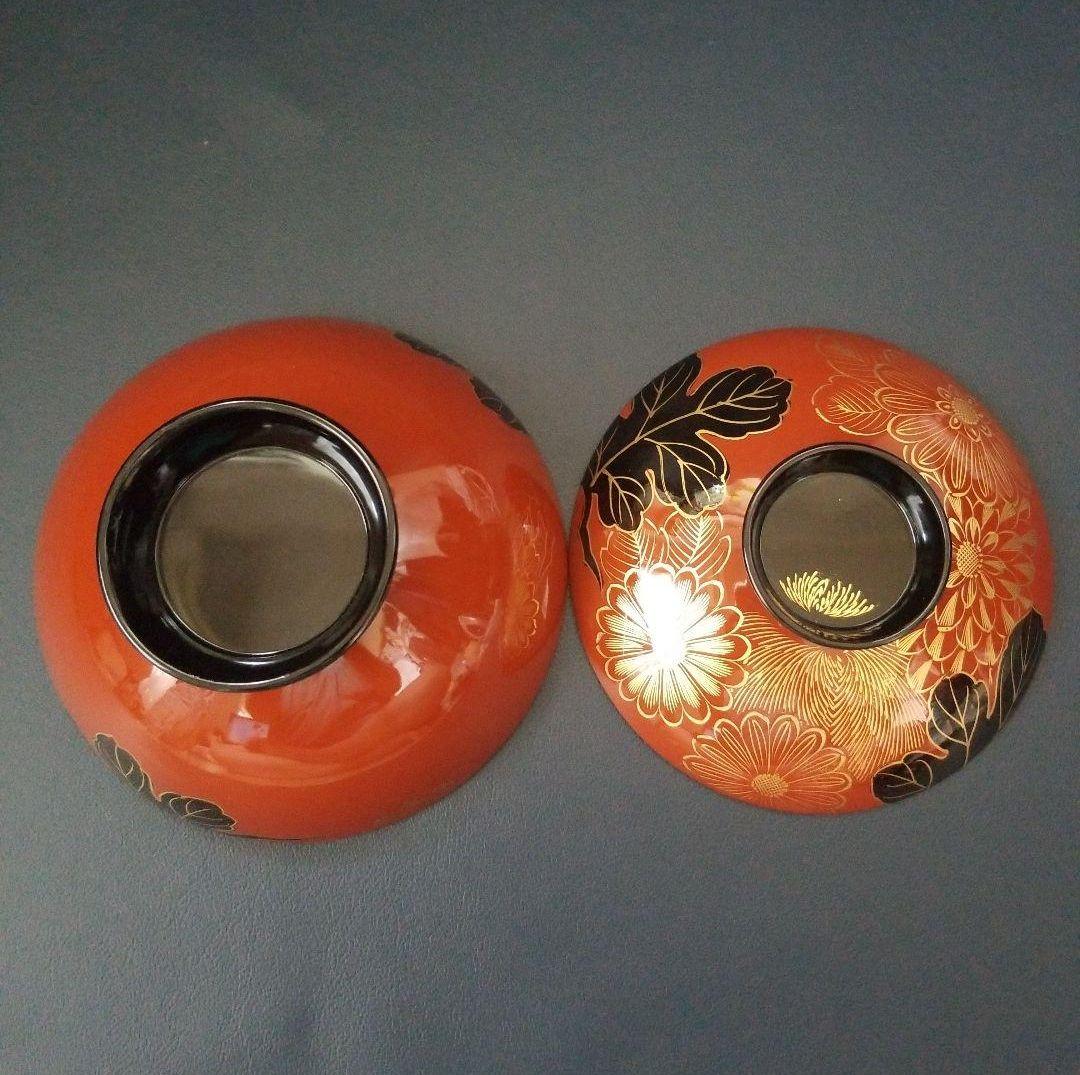 極美品 輪島塗 木製 吸物椀2客 朱漆内黒 沈金菊花文 煮物椀