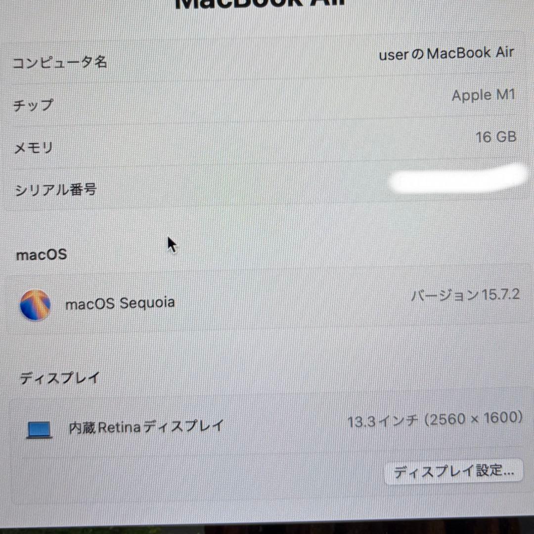 購入待専用 Apple MacBook Air M1 16GB 512GB