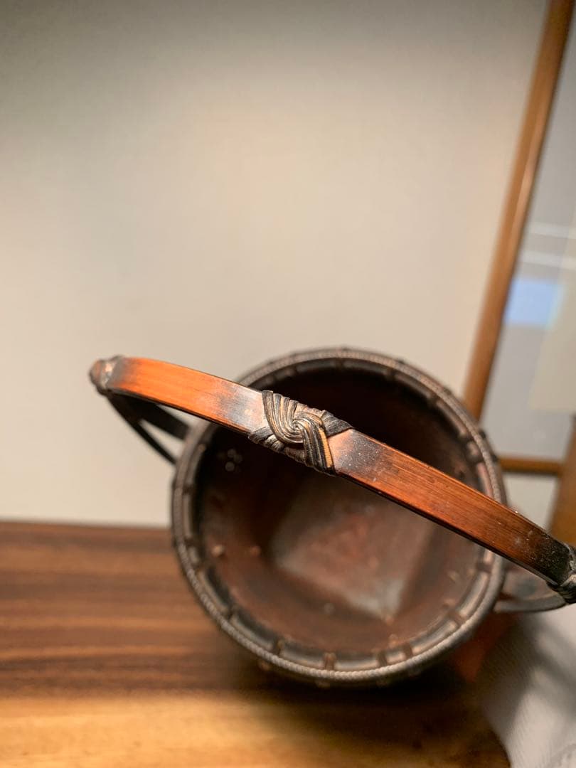 平原竹瑞作 竹編花籠 手付籠 網代編 花入 銘あり 別府 茶道具 銅落とし付き