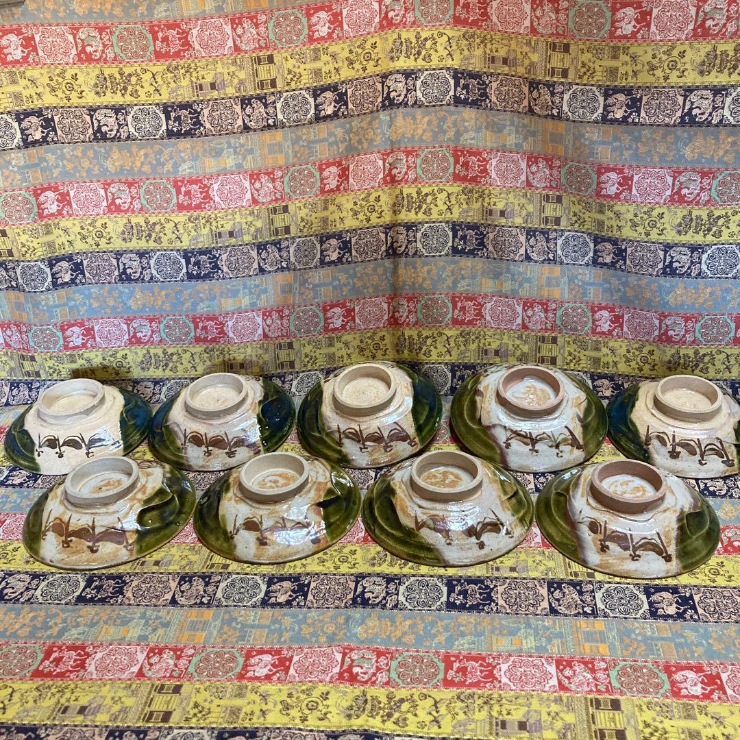 時代物　美濃焼 織部　青織部 飯碗 抹￼茶碗5椀￼+ 蓋皿9枚セット
