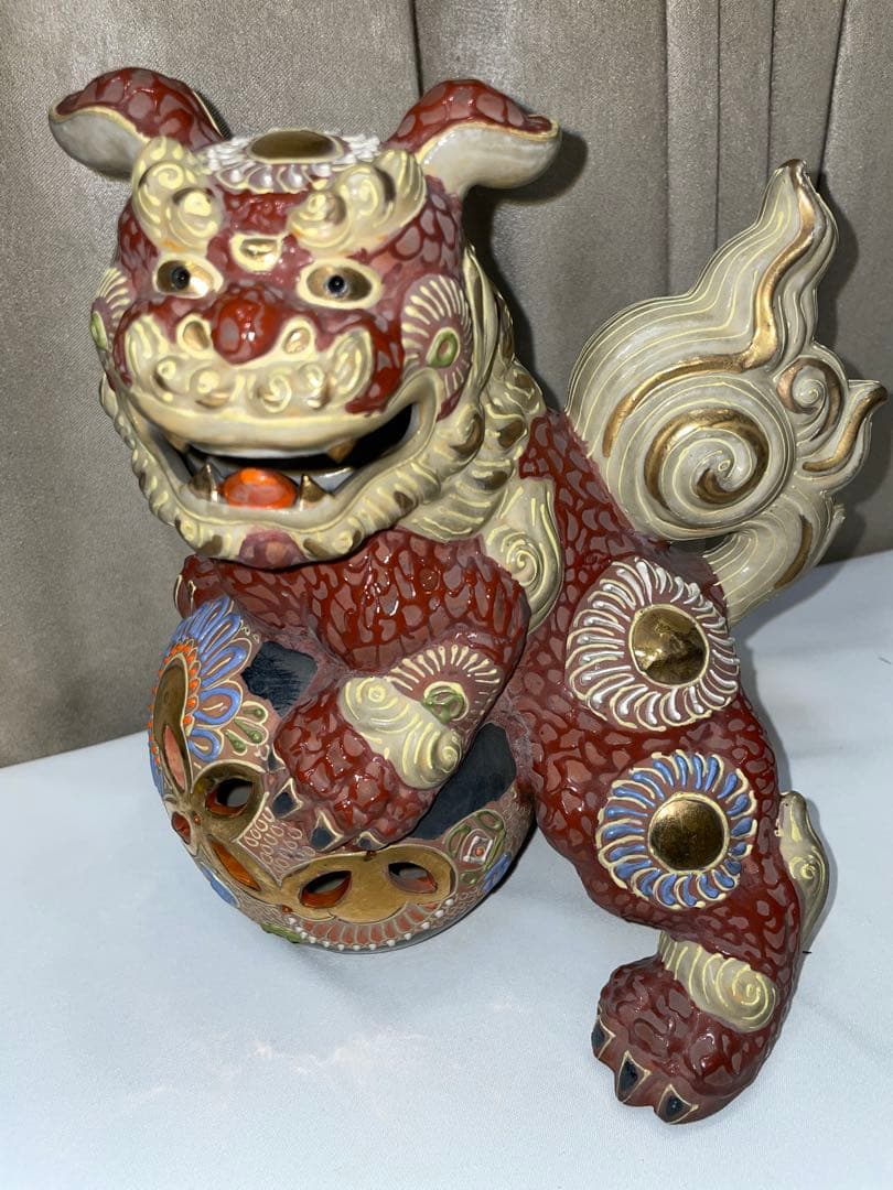 36cm 九谷焼 年代物 ヴィンテージ 玉乗り獅子 置物 陶器 シーサー 縁起物