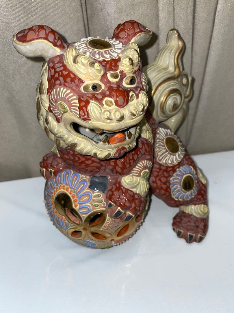 36cm 九谷焼 年代物 ヴィンテージ 玉乗り獅子 置物 陶器 シーサー 縁起物