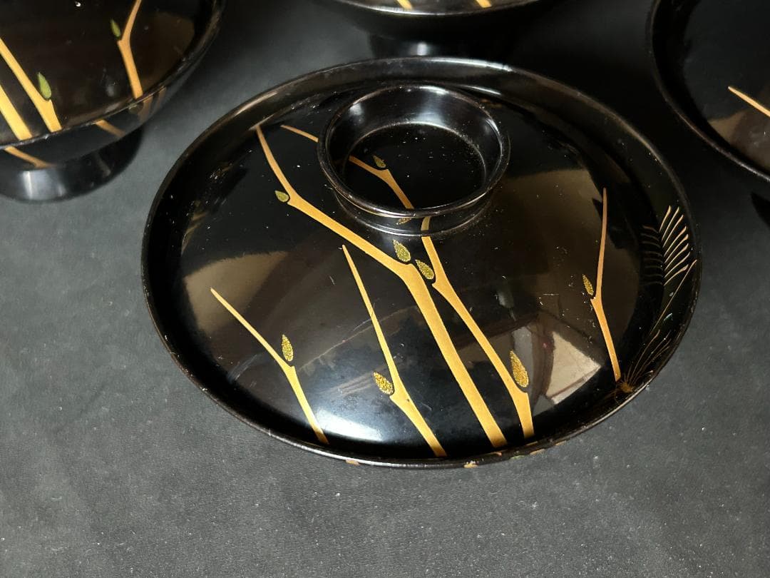 時代 輪島塗 金蒔絵 ススキ図 黒塗 吸物椀 5客 茶懐石道具 明治時代 75