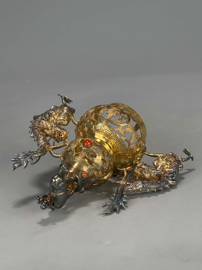 中国美術　純銀製　刻印有　双龍耳刻龍文嵌百宝瓢箪形三足香炉　重さ355g