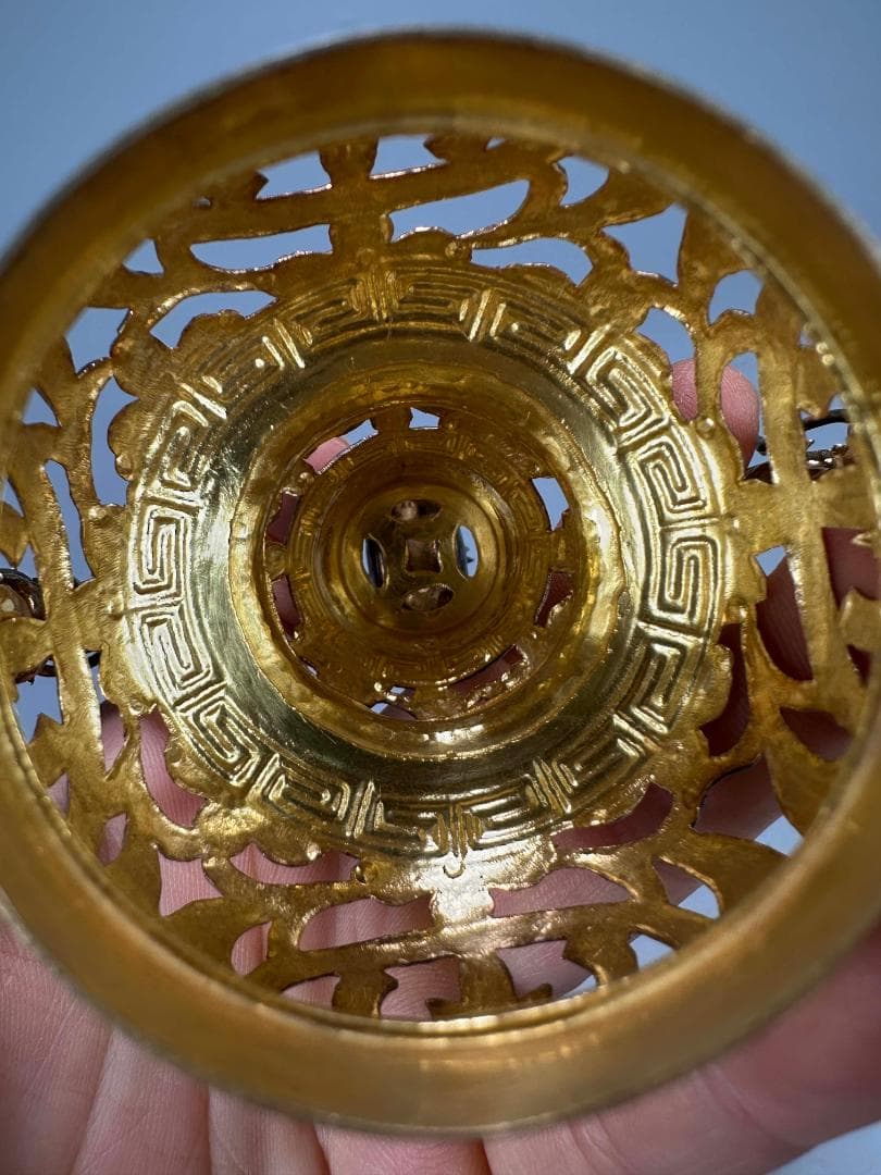 中国美術　純銀製　刻印有　双龍耳刻龍文嵌百宝瓢箪形三足香炉　重さ355g