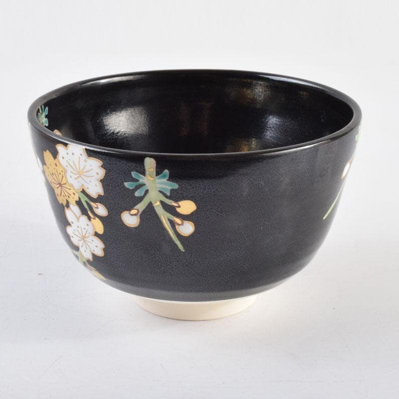 茶道具　京焼　平安桐鳳造　黒仁清　色絵金彩　桜文　茶碗　共布共箱　V　8951
