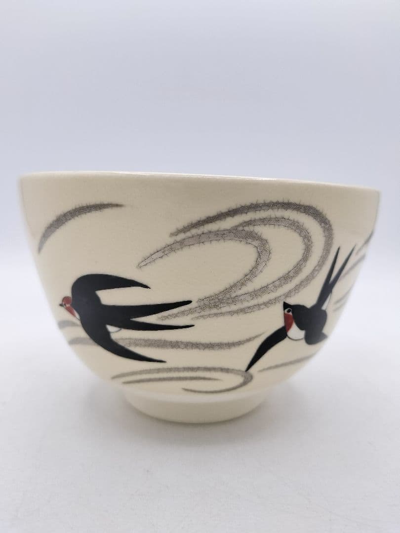 d128【新品・未使用】茶碗 色絵 ツバメ 加藤起楽 紙箱 茶道具