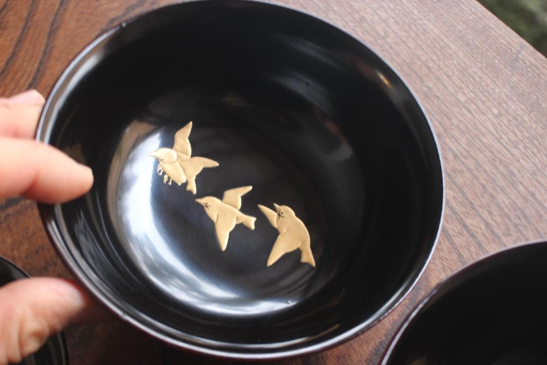 デッドストック！風情ある糸目地に優美な雀稲穂蒔絵の映えるお椀2点（検蒔絵椀雑煮椀