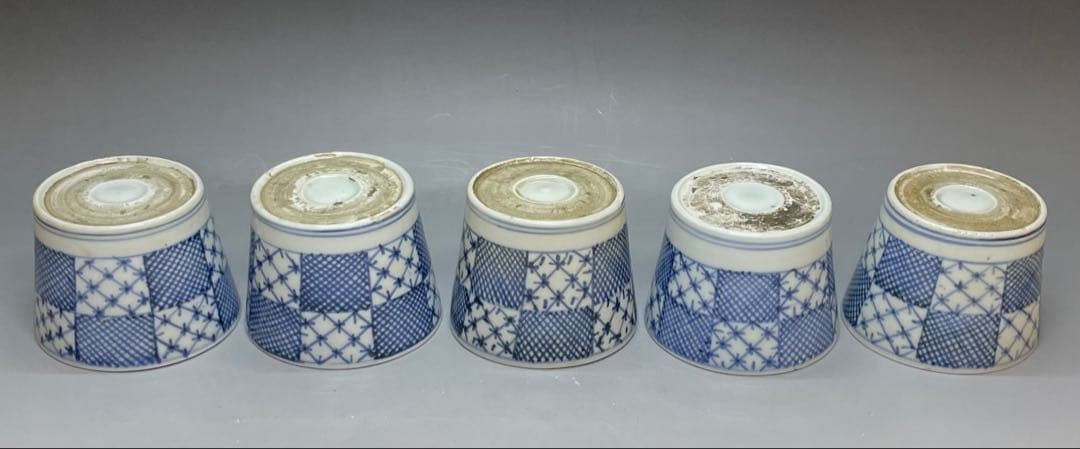 古伊万里　蕎麦猪口　市松格子文　染付　江戸時代 　10客　u019