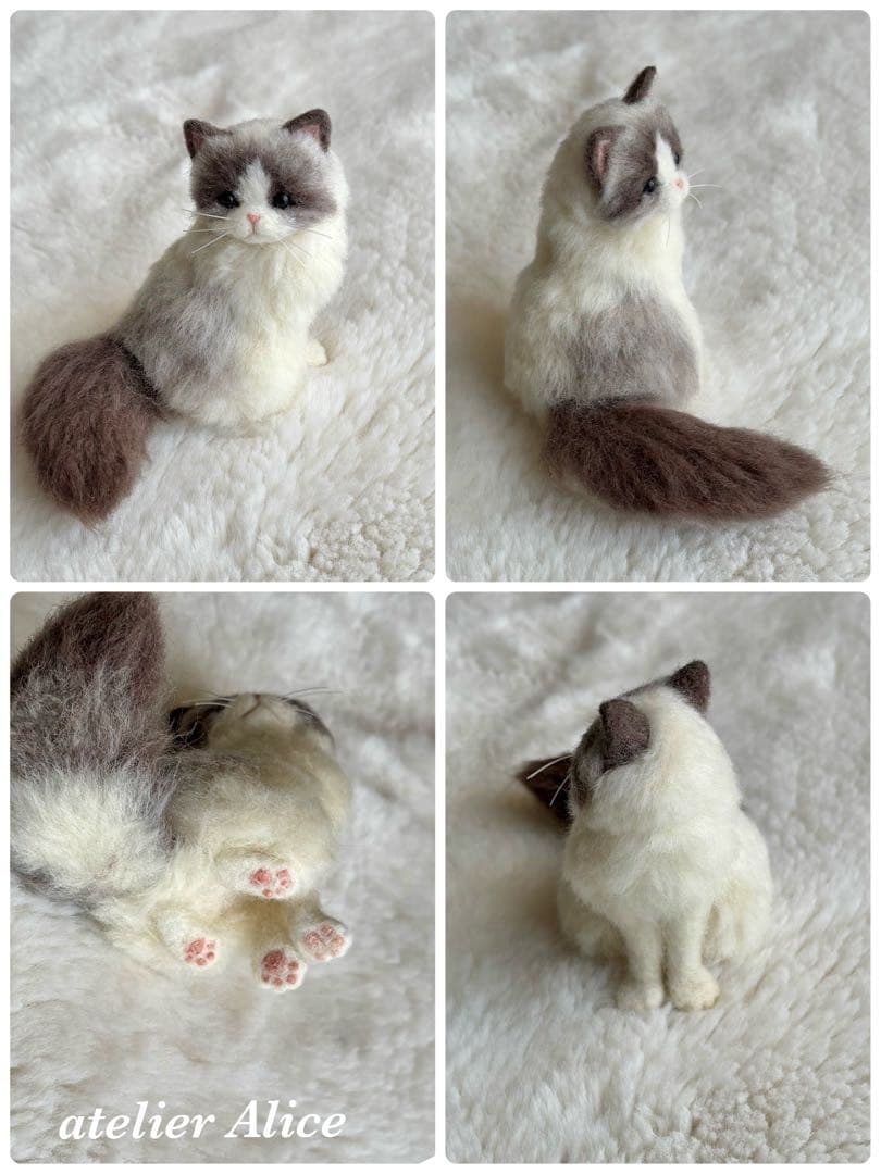 ラグドール　羊毛フェルト　猫　ぬいぐるみ　置物　ドール　ハンドメイド　ハチワレ