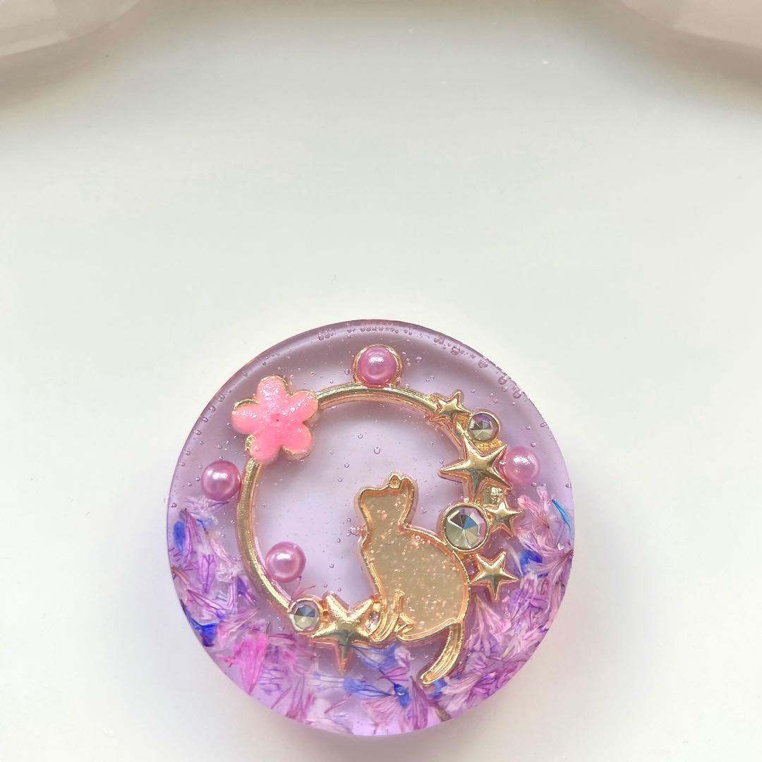 レジン　ヘアゴム　花と猫　パープル◡̈♥︎