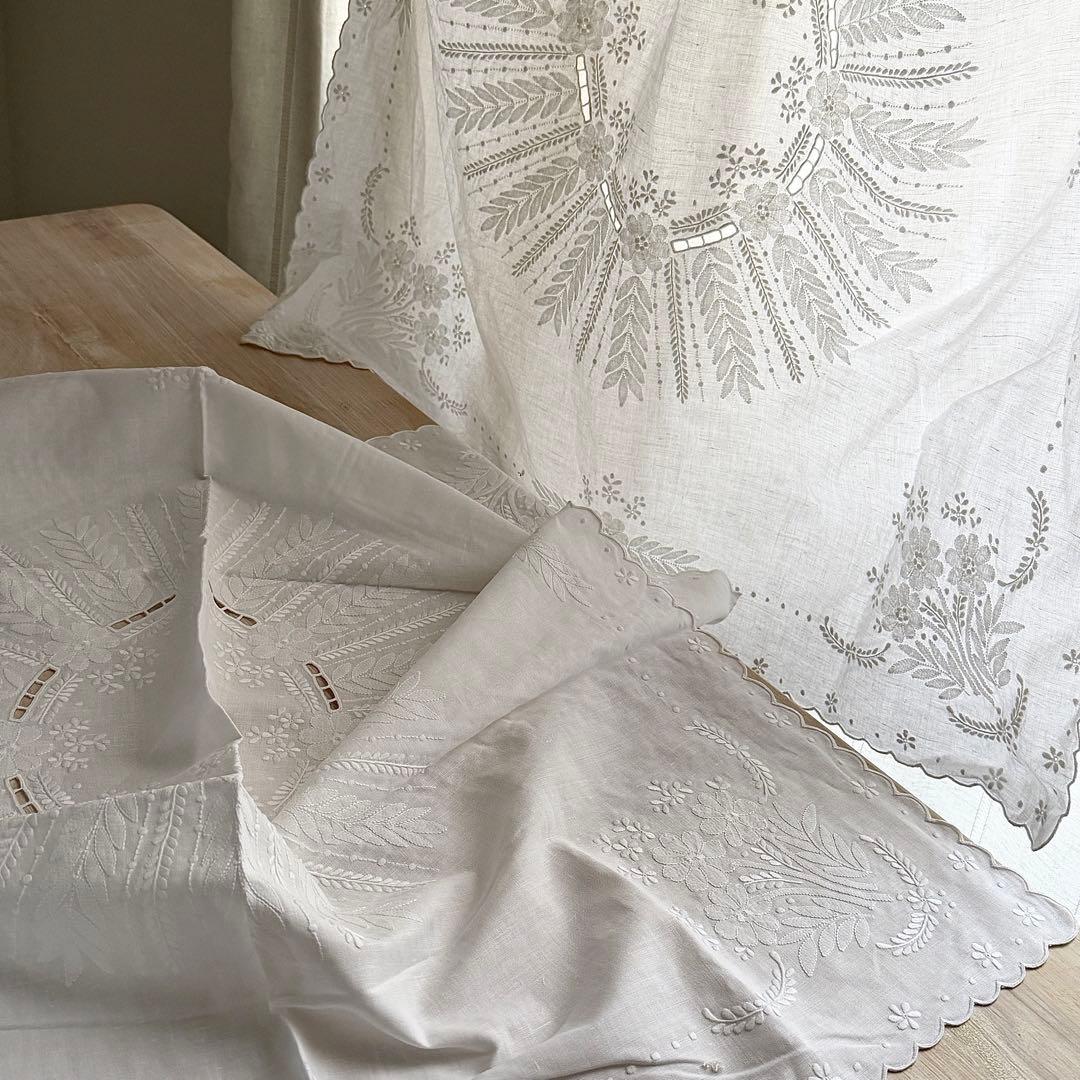 フランスアンティーク風 リネン 刺繍 シャドーワークカットワーク テーブルクロス