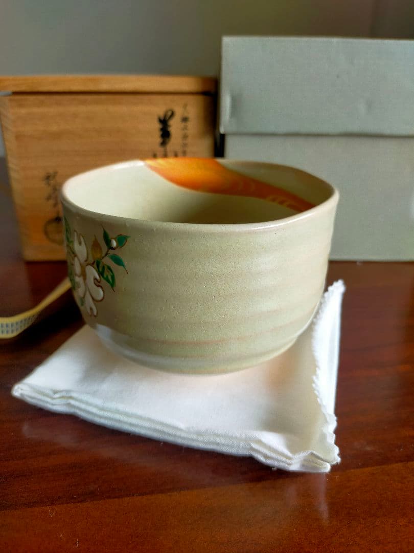 【真作】光琳水「花水木絵」抹茶碗★京焼 伝統工芸士 三代中村秋峰作　共箱・共布付