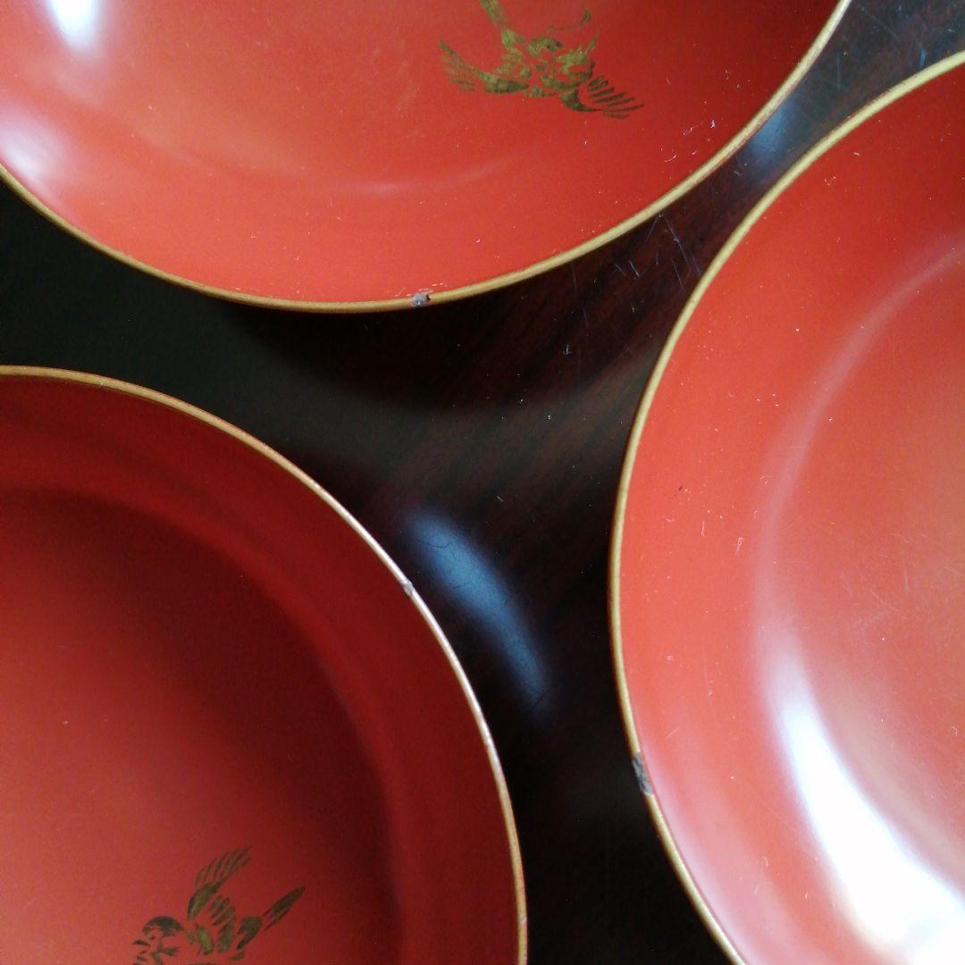 木製漆器　朱塗竹林雀画蓋付椀　10客　12.5cm　【やや小カケ多し】