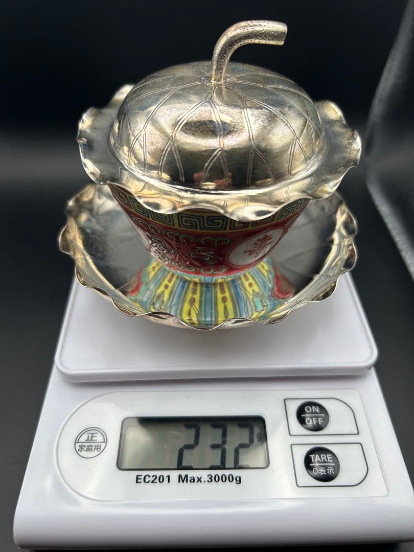 銀製ペアカップ 香港老舗 Wai Kee 純銀925×景徳鎮 蓋付茶碗 460g