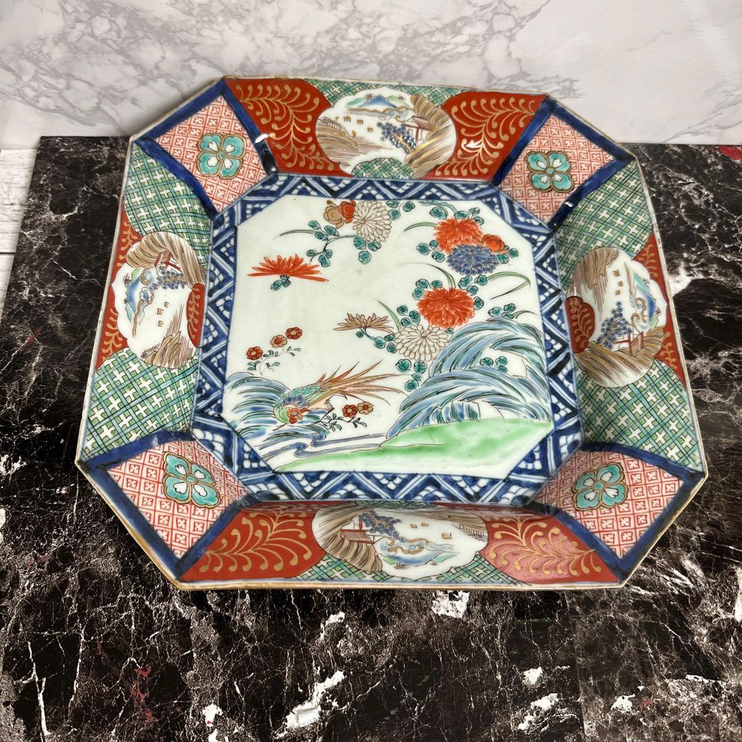 江戸後期、上作品、染錦花鳥図、四方隅大皿。