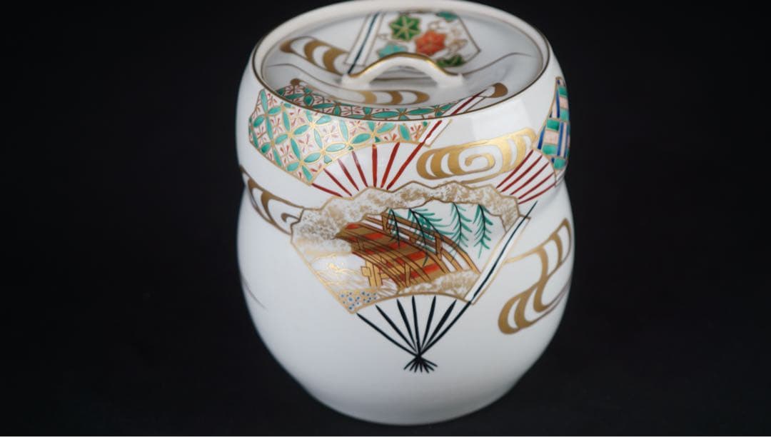 平安 手塚祥堂 色絵 扇面文 水指 共箱 茶道具