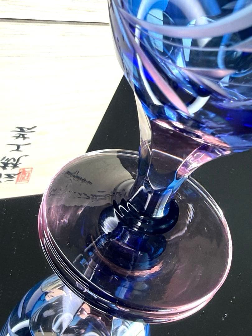 新品未使用 江戸切子 硝子工房 彩鳳 足付ビール杯 薔薇 撫子文様 ペアグラス