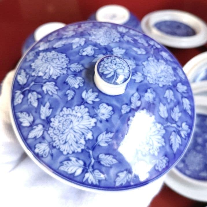 たち吉染牡丹蓋付湯呑み／象彦天然木うるし塗小判茶托／井桁茶托／レードル18-12
