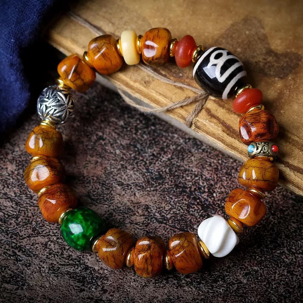 天然石ビーズブレスレットチベットのヤク骨バイクシーズ珠天然老瑪瑙天珠