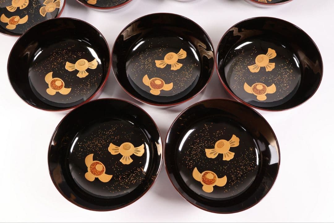 【MB276】天然木漆塗 ふくら雀金蒔絵 溜塗内黒 煮物椀五客 福良雀 大正昭和