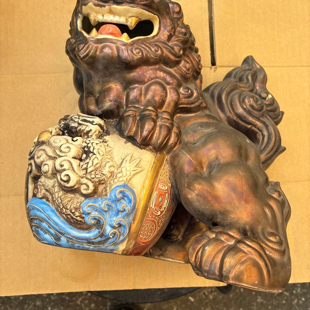 アンティーク　ビンテージ 九谷焼 八幡窯 須栄義 刀咥 玉乗り獅子