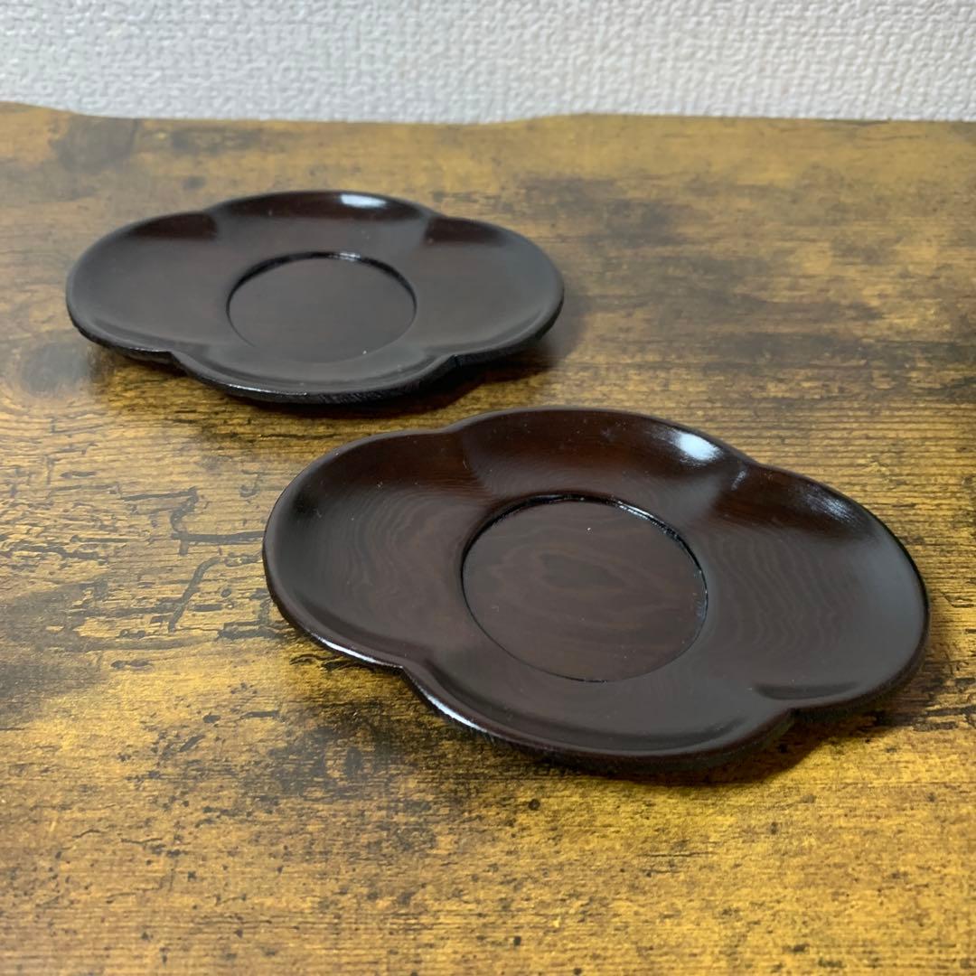 E-1 【美品】木製 茶托 5客セット 梅型 くりぬき 漆塗り 茶道具 おもてな