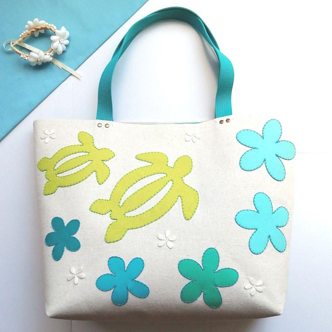 ハワイアンモチーフのハンドメイド·トートバッグ(大)