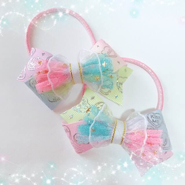 ふりふりハート♡虹色リボン♡ヘアゴム ♡ツイン