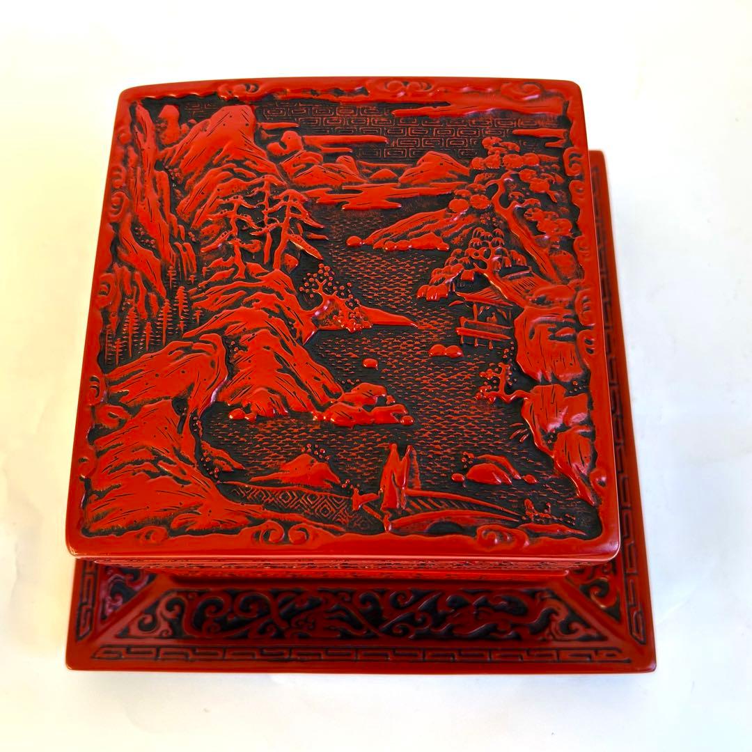 【希少】美品　漆器 堆朱 木製　手彫り　彫刻漆器 仙台堆朱 蓋付き　重箱　2段