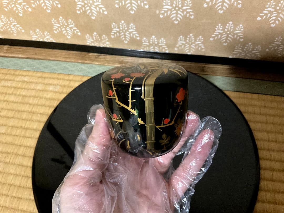 輪島塗 竹梅蒔絵　根来塗 朱塗　中棗　2点セット　仕覆付き