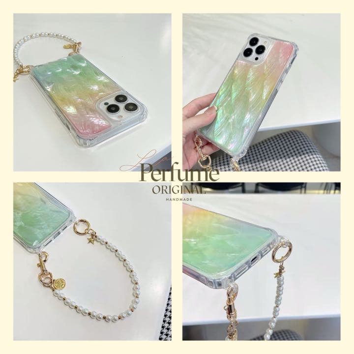 キラキラ天然シェル♡ビタミンカラー♡人工パールチェーン✨オリジナル iPhone