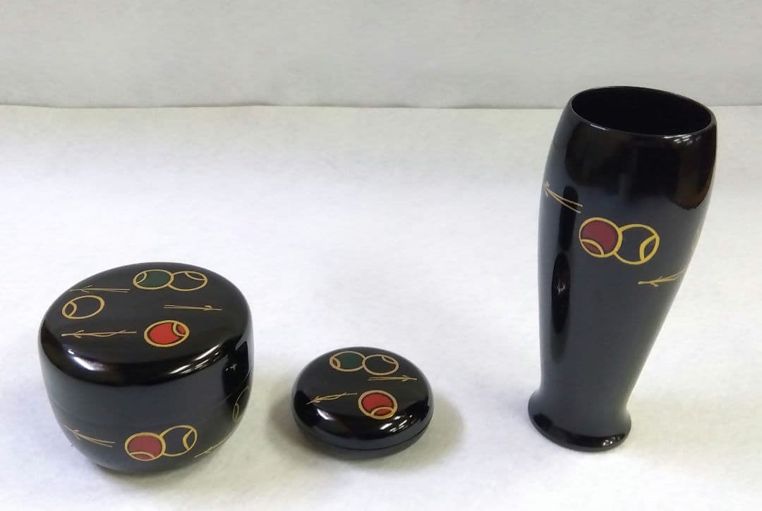 茶道具 茶箱 三点セット 平棗 茶筌筒 香合 黒塗 ツボツボ 木製 二度塗
