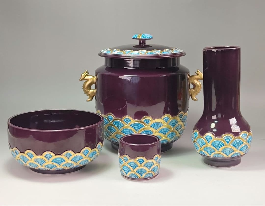 ウ335 皆具『平安　勝見永泉』『紫交趾青海波文　皆具　共箱』茶道具水指健水蓋置