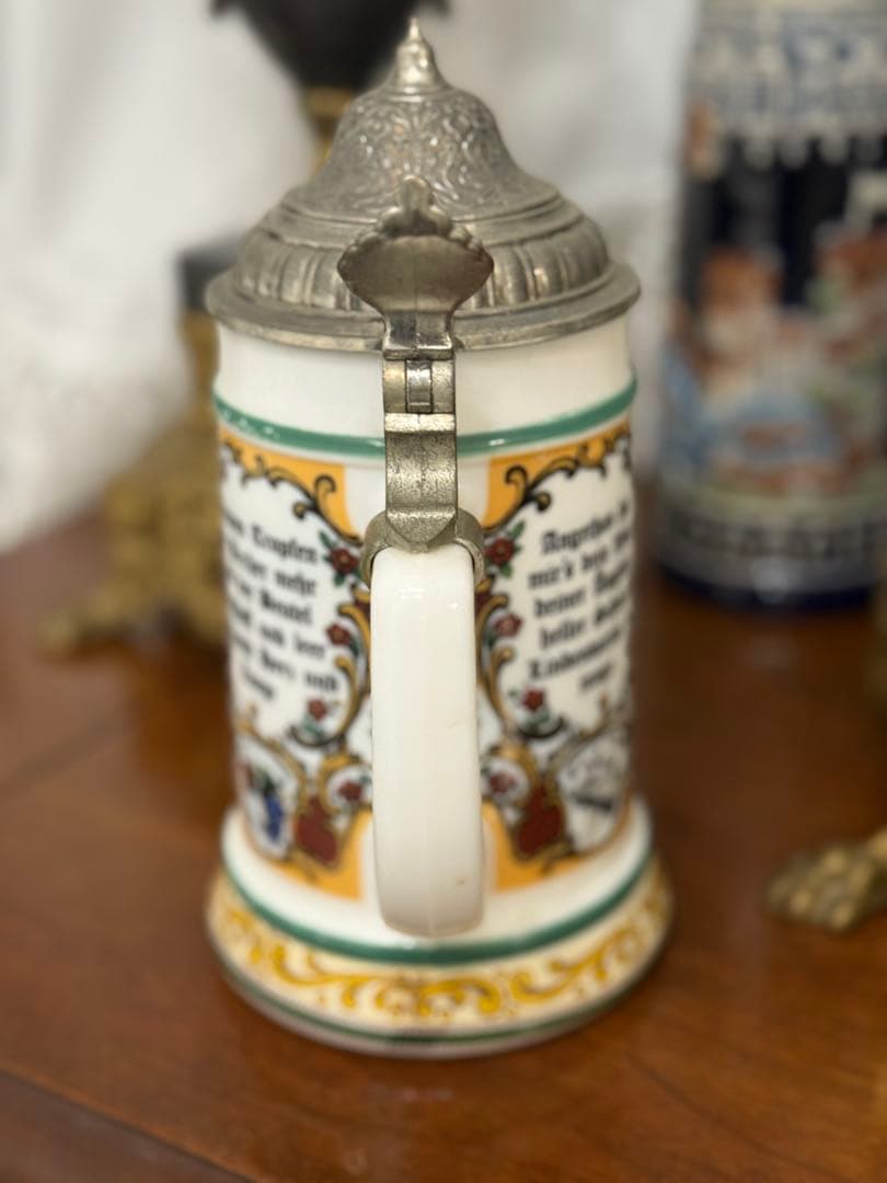 ドイツ製 アンティーク陶器ビールジョッキ 蓋付き
