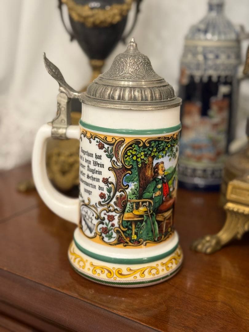 ドイツ製 アンティーク陶器ビールジョッキ 蓋付き