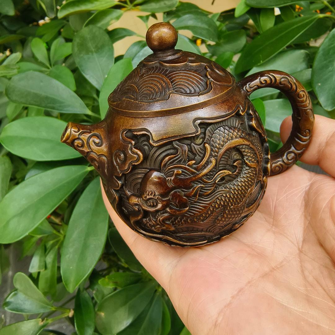 浮彫鯉躍龍門茶壺 酒壺 家庭茶道 工芸品 置物 銅製品