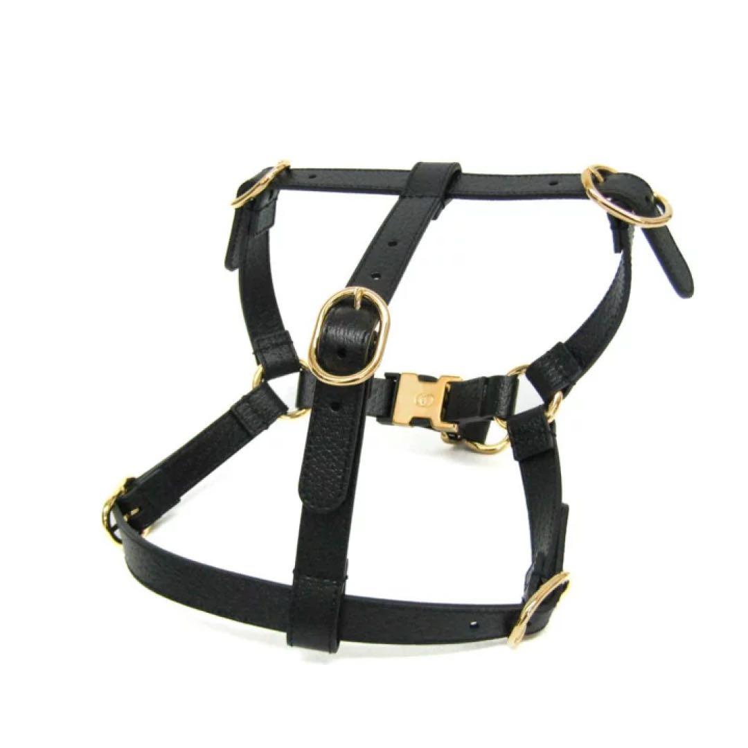 【新品】GUCCI 犬 ハーネス ロゴ入り ペット ブラックレザー ゴールド