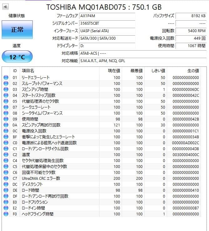 ✦動作正常✦2.5インチHDD 750GB×4 計3TB 東芝750 1417