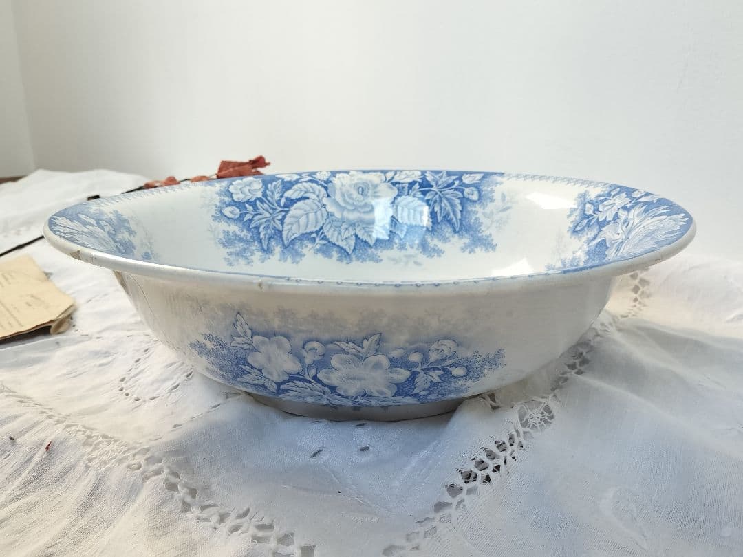 アンティーク　フランス　青い花柄 陶器　大きい　1900年　サルグミンヌ　ボウル