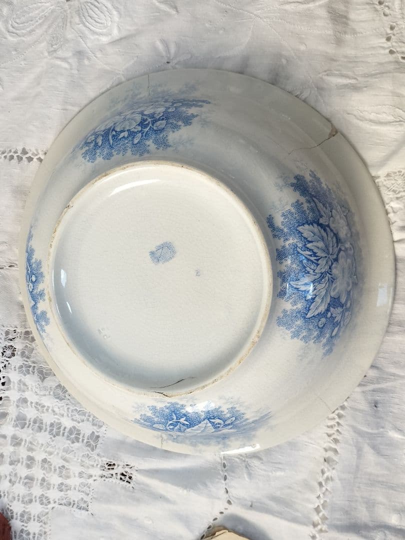 アンティーク　フランス　青い花柄 陶器　大きい　1900年　サルグミンヌ　ボウル